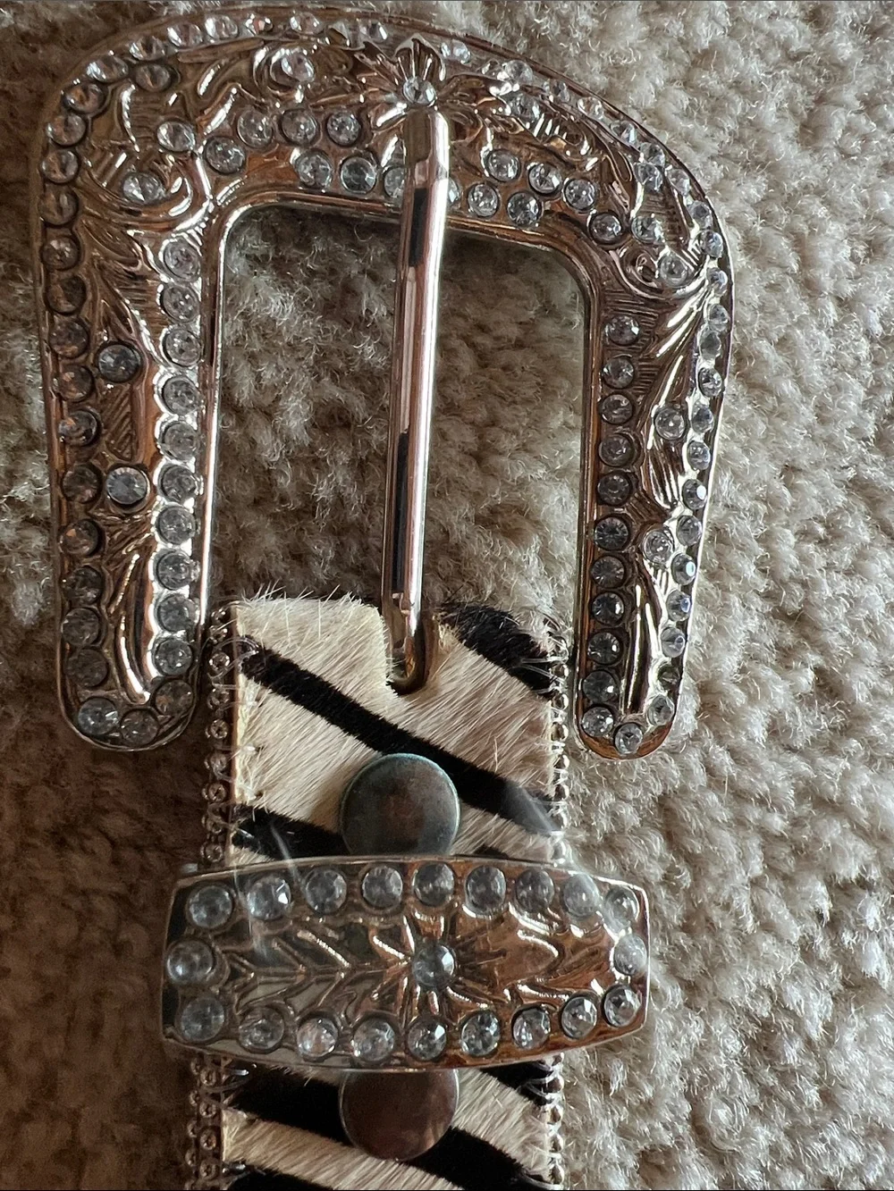 Stony Mound Black and White Zebra Haircalf Crystal-Studded Belt